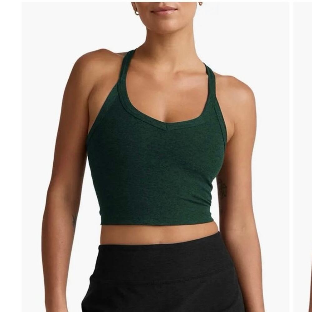NWOT Beyond Yoga Space Dye On the Up Crop Tank in Dark Spruce Green Heather SZ L